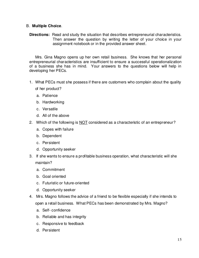 Directions for multiple choice questions